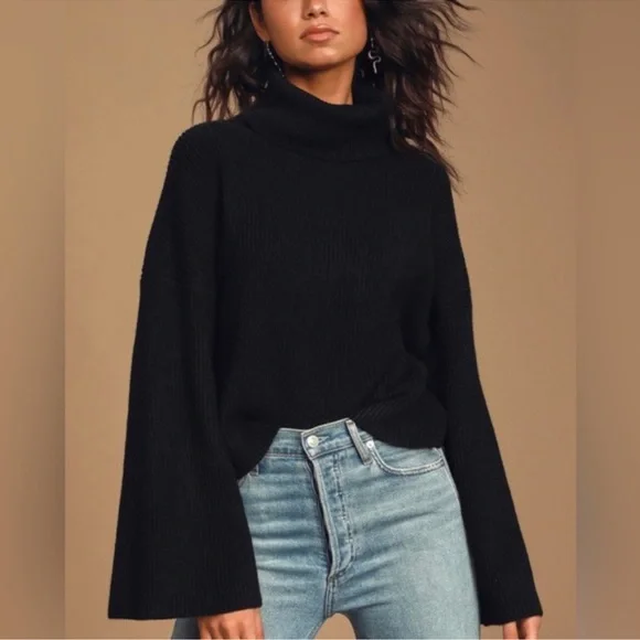 Lulus Fireside Chats Black Knit Turtleneck Sweater Size S - Picture 1 of 9